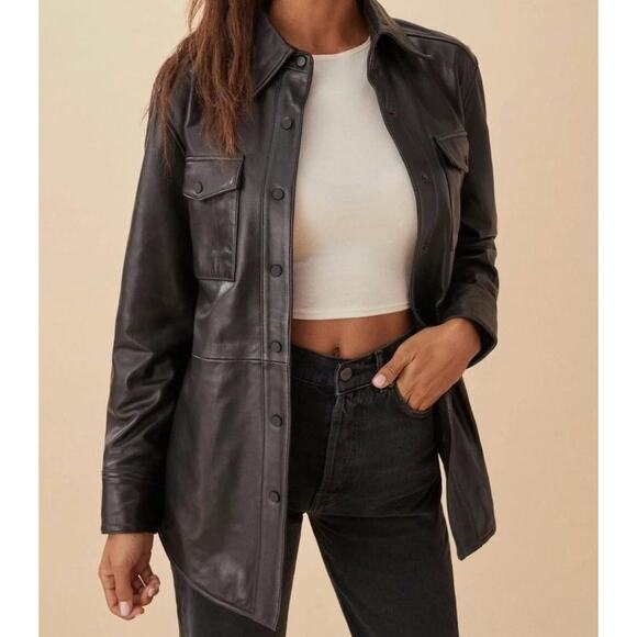 REFORMATION Veda Black Genuine Lamb Leather Shirt Jacket Size Small - Picture 1 of 8